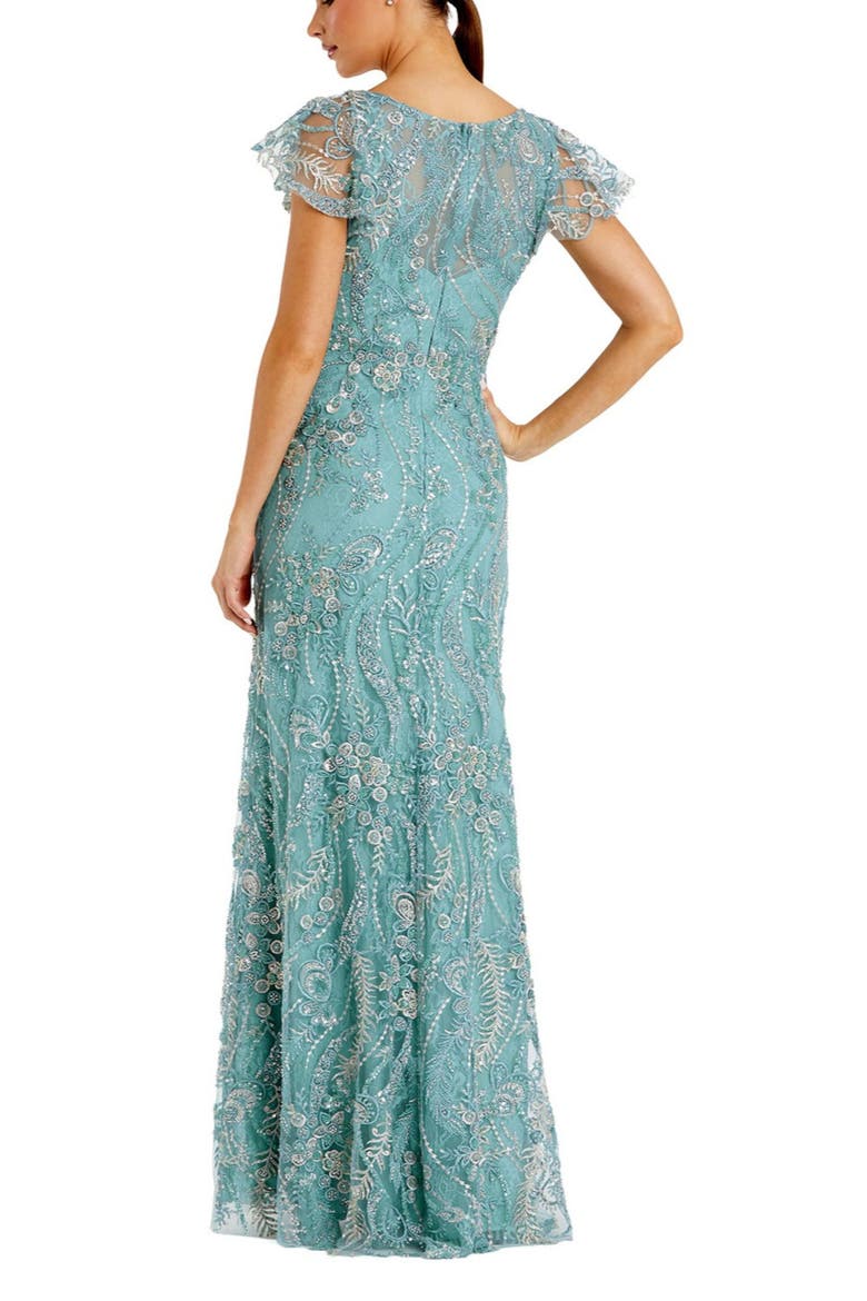 V Neck Flutter Sleeve Floral Embroidered Gown, Alternate, color, Seafoam