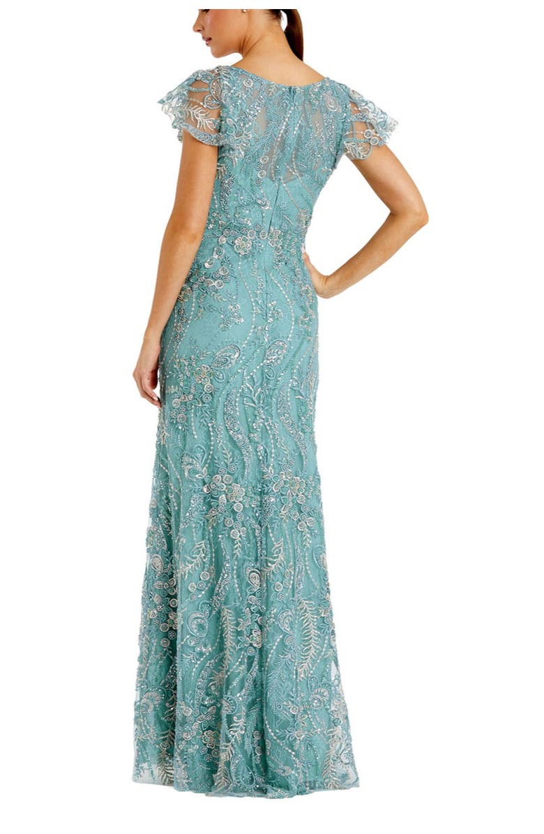 Mac Duggal V Neck Flutter Sleeve Floral Embroidered Gown, Alternate, color, Seafoam