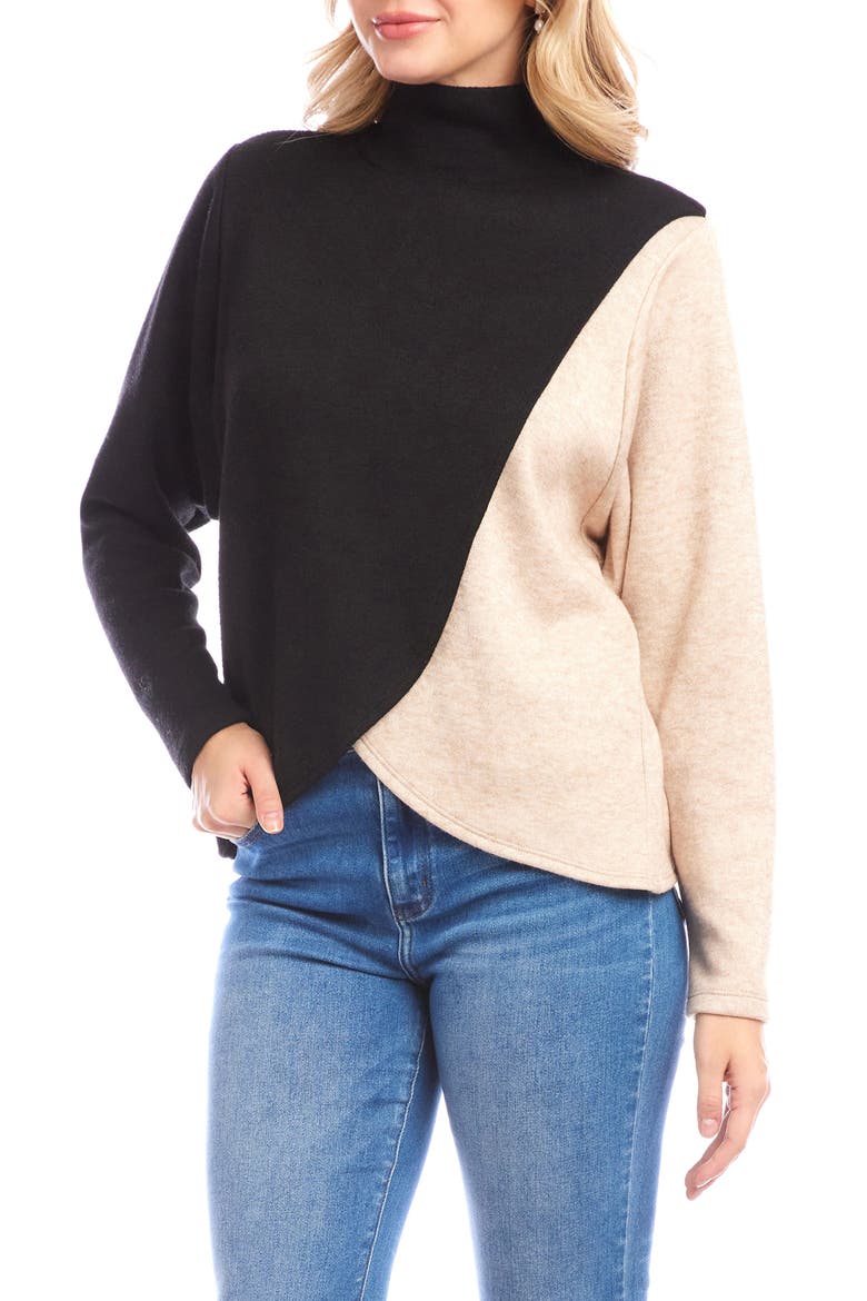 Colorblock Turtleneck Crossover Hem Knit Top, Alternate, color, BLACK/ OATMEAL