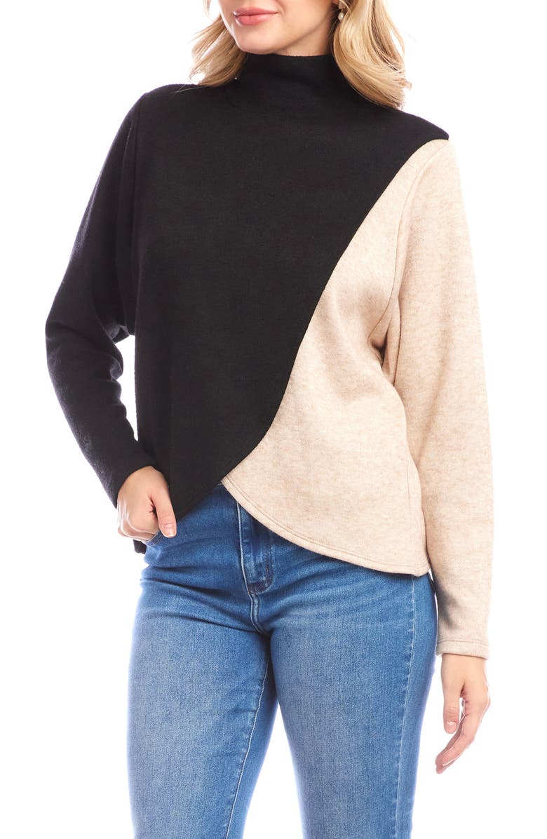 Karen Kane Colorblock Turtleneck Crossover Hem Knit Top, Alternate, color, Black/ Oatmeal