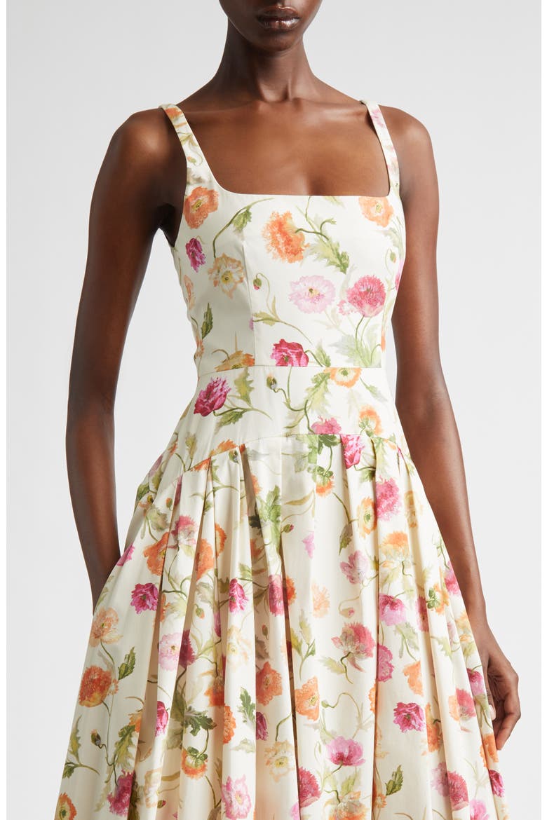 Poppy Print Pleated Drop Wait Stretch Poplin Fit & Flare Dress, Alternate, color, ALMOND MULTI