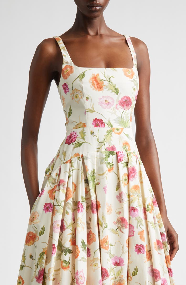 Carolina Herrera Poppy Print Pleated Drop Wait Stretch Poplin Fit & Flare Dress, Alternate, color, Almond Multi