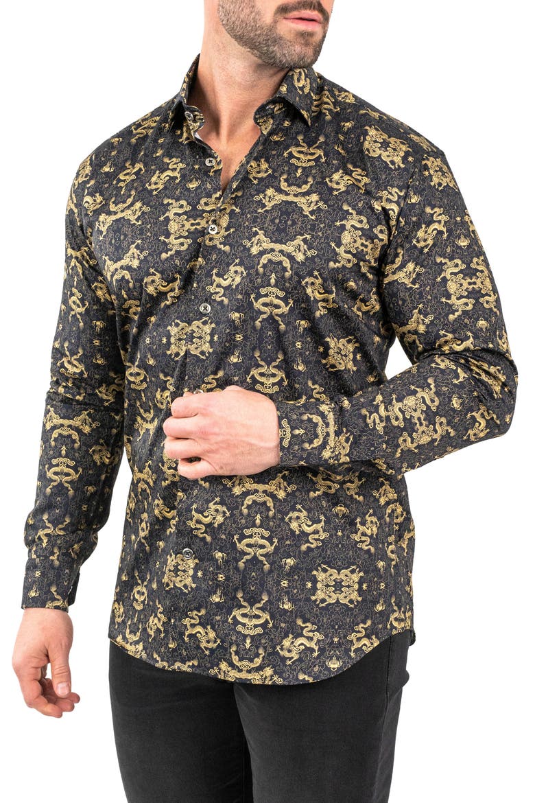 Fibonacci Goldendragon Black Contemporary Fit Button-Up Shirt, Alternate, color, BLACK