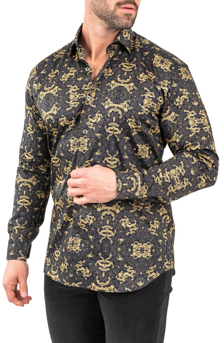 Maceoo Fibonacci Goldendragon Black Contemporary Fit Button-Up Shirt, Alternate, color, 