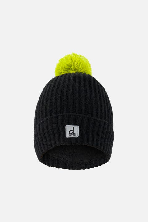 Winter Ribbed Cuff Logo Patch Knit Hat with Pompom