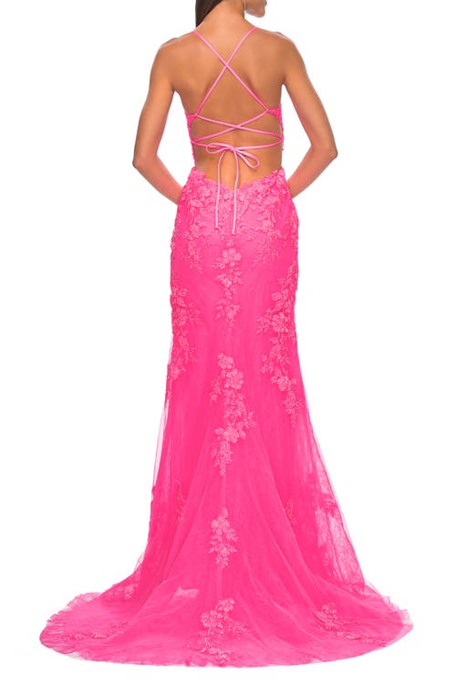 La Femme Lace Fitted Dress With Deep V-neckline And Lace Applique