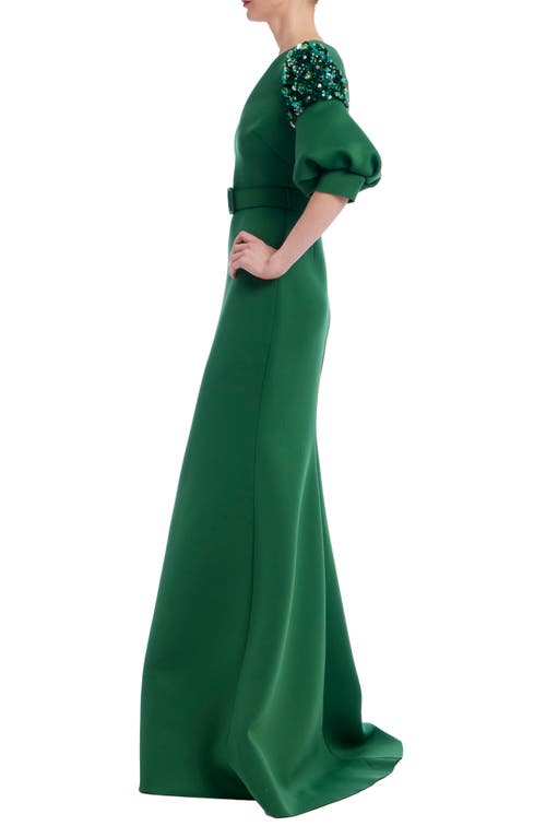Badgley Mischka Collection Embellished Short Sleeve Mermaid Gown In Emerald