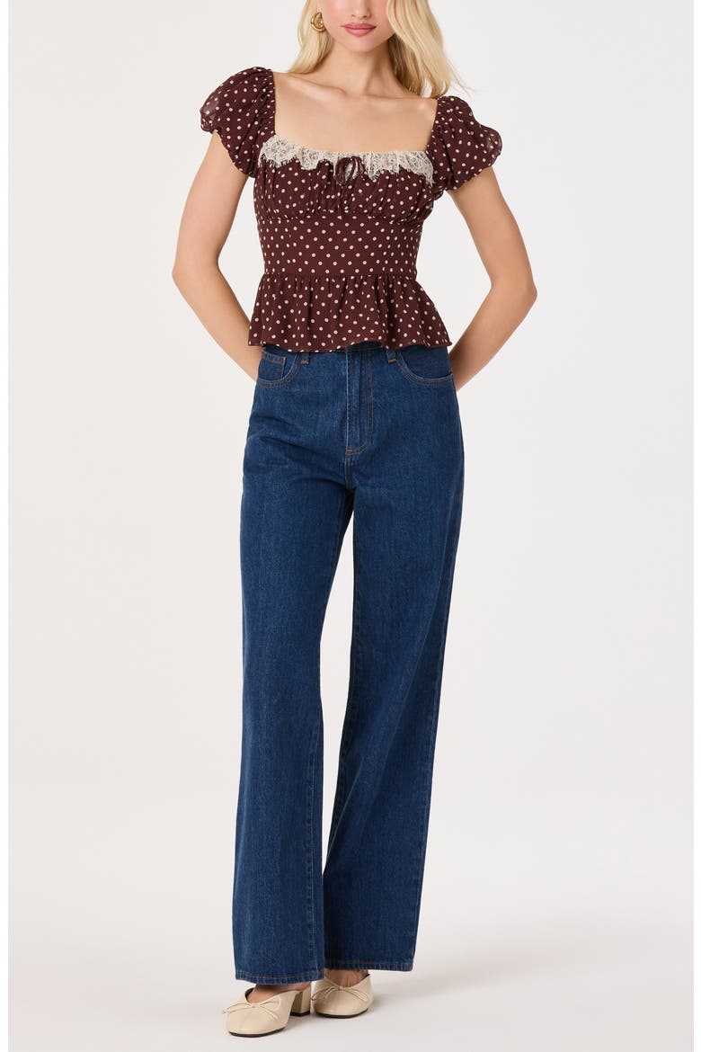 Letitia Polka Dot Lace Trim Peplum Top, Alternate, color, BROWN POLKADOT