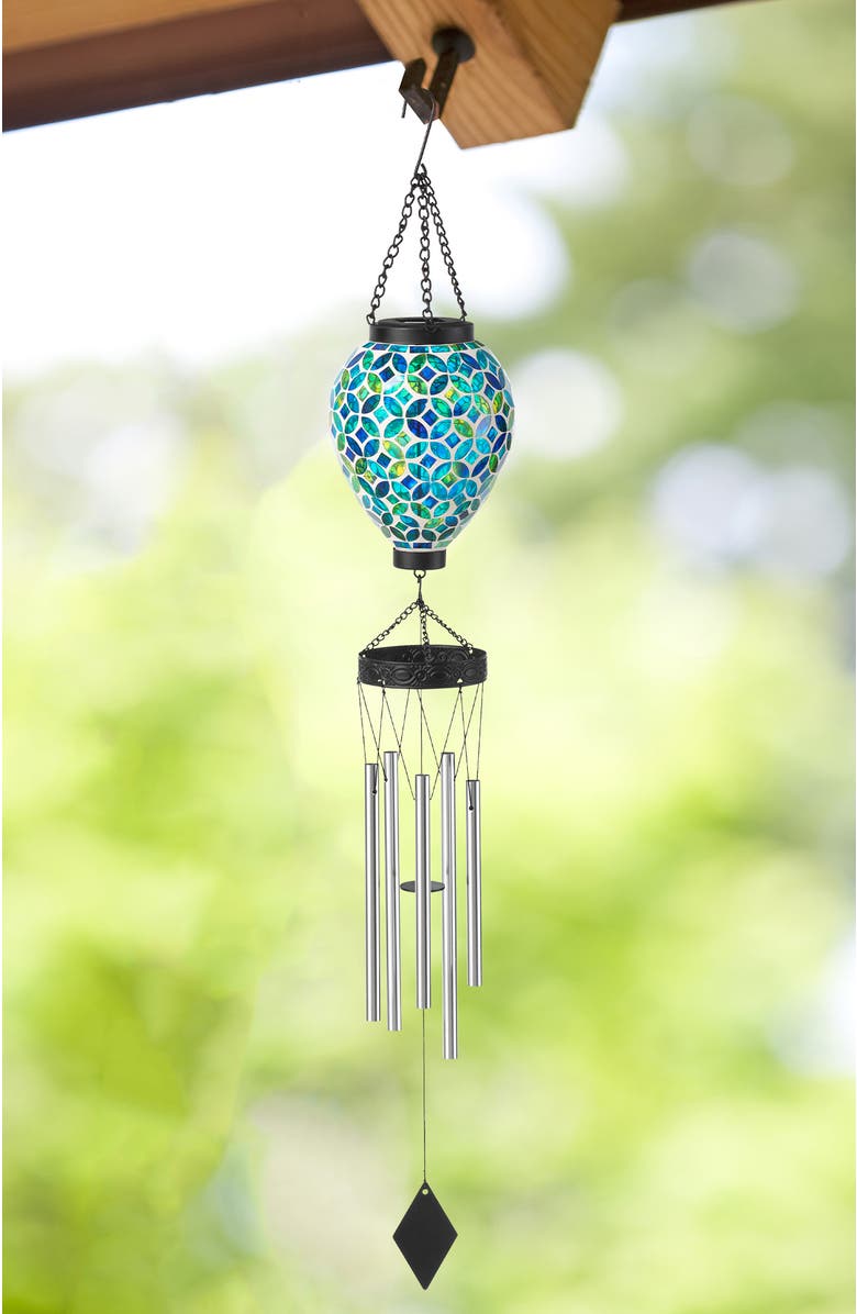 Glitzhome 37"H Solar Lighted Metal and Glass Mosaic Windchime, Alternate, color, Green