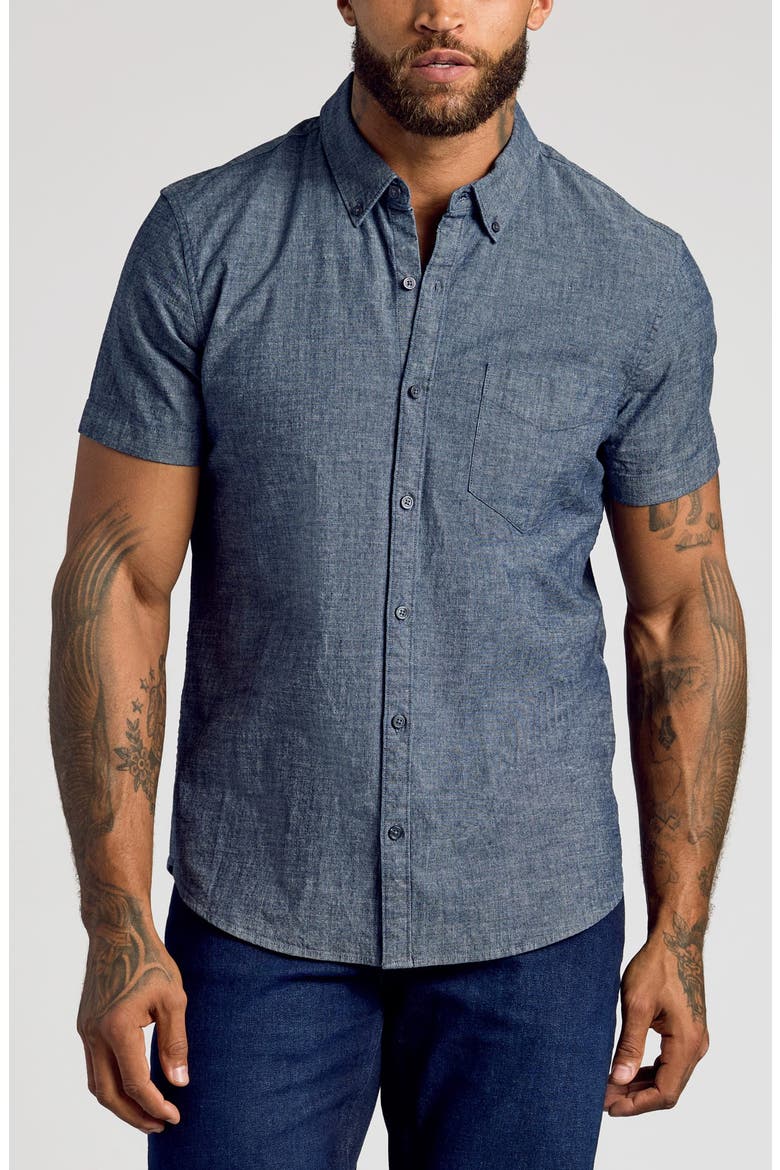 Short Sleeve Stretch Chambray Shirt, Main, color, MEDIUM INDIGO WASH