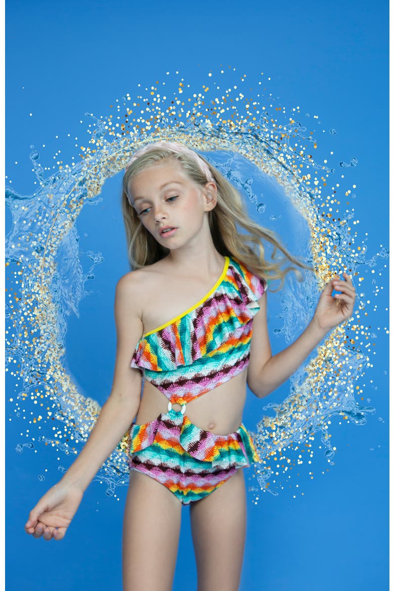 Kids'  One-Shoulder Ruffle & Cut-Out One Piece Swimsuit, Alternate, color, Multicolor