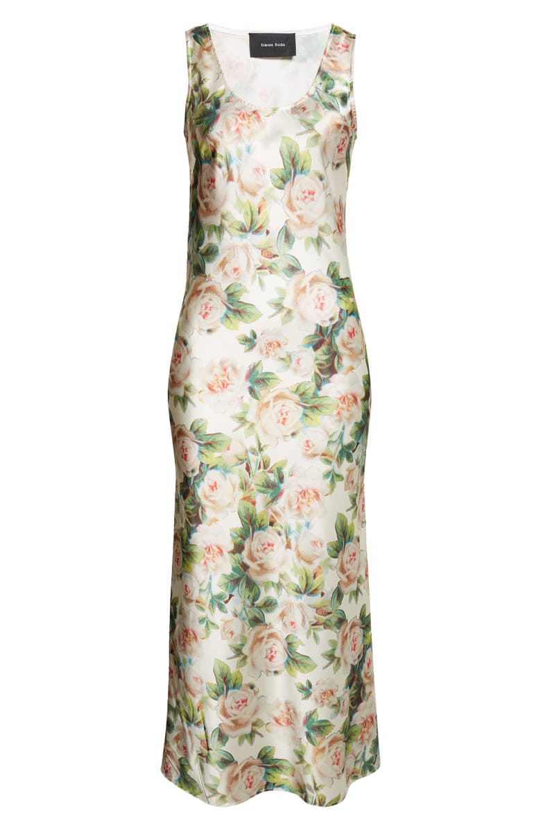 Simone Rocha Floral Print Scoop Neck Satin Dress, Alternate, color, Rose