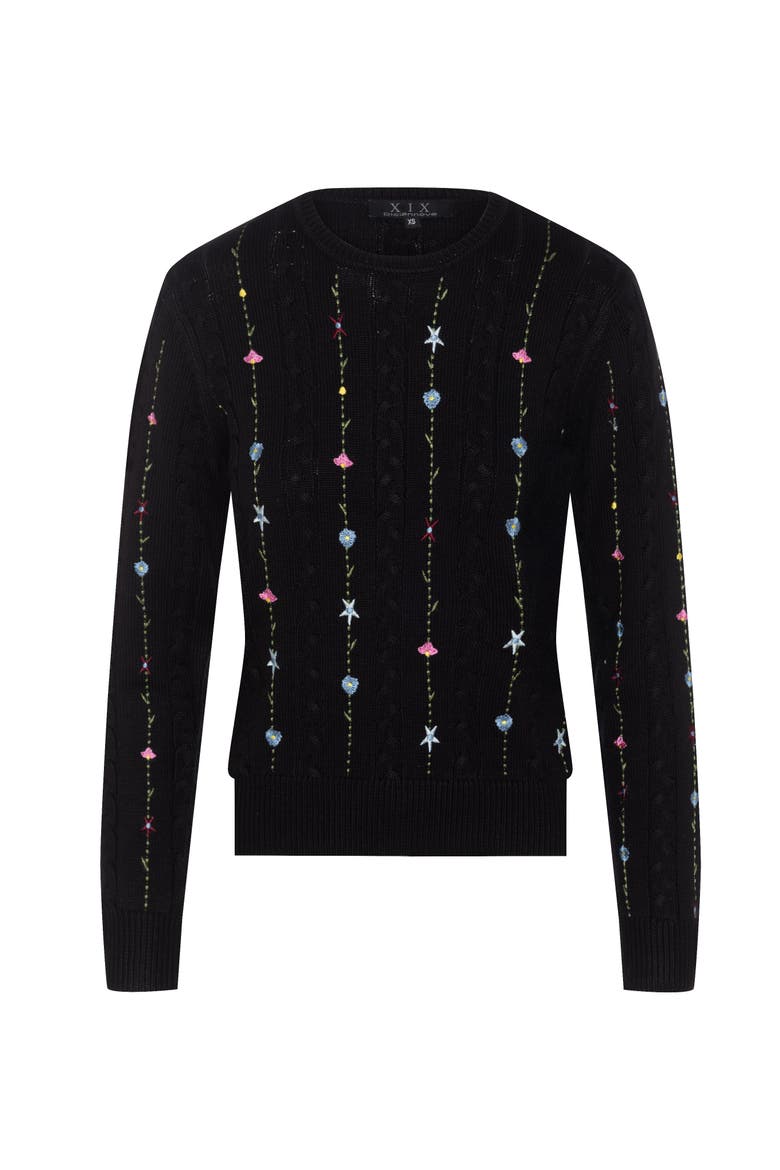 Embroidered Cable Floral Accent Knit Sweater, Main, color, Black