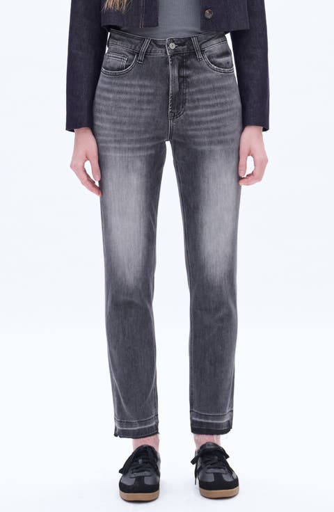 High Waist Raw Hem Ankle Straight Leg Mom Jeans (Starry Night)