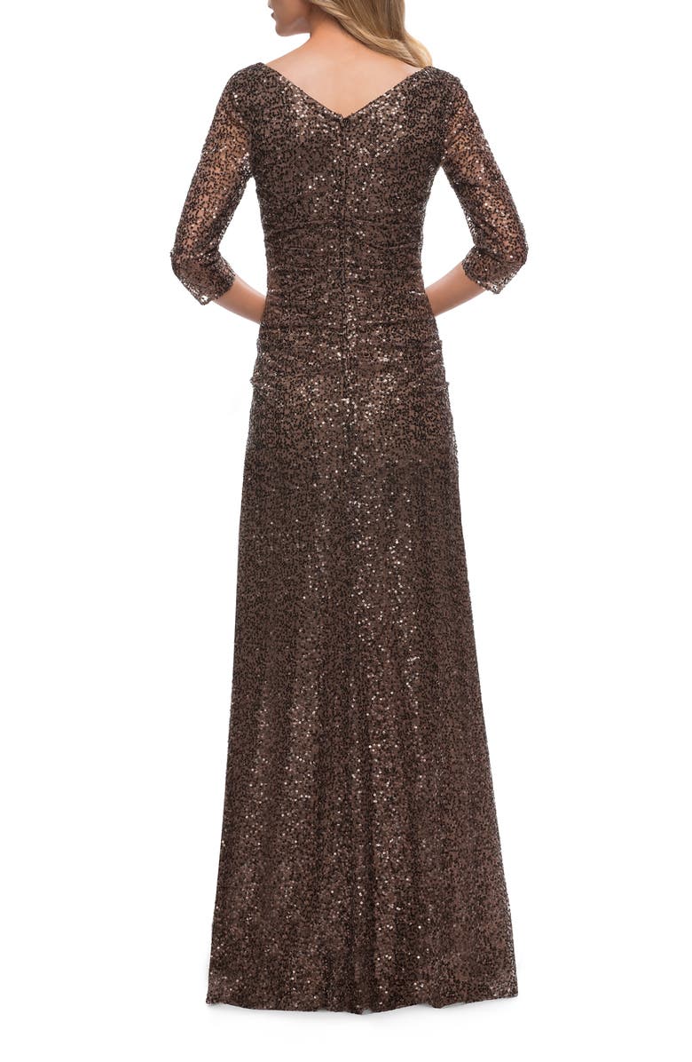 La Femme Three-Quarter Sleeve Sequin Dress with Ruching, Alternate, color, Bronze