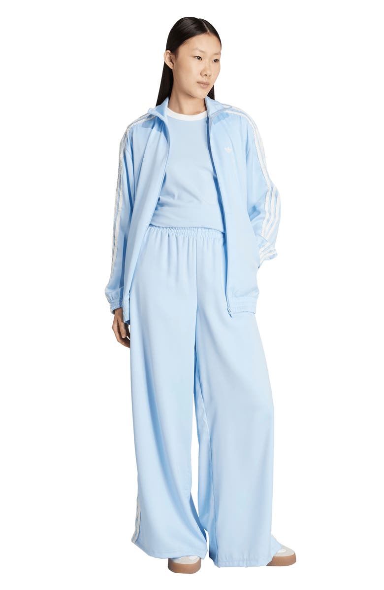 adidas Satin Ruffle 3-Stripes Wide Leg Track Pants, Alternate, color, Clear Sky