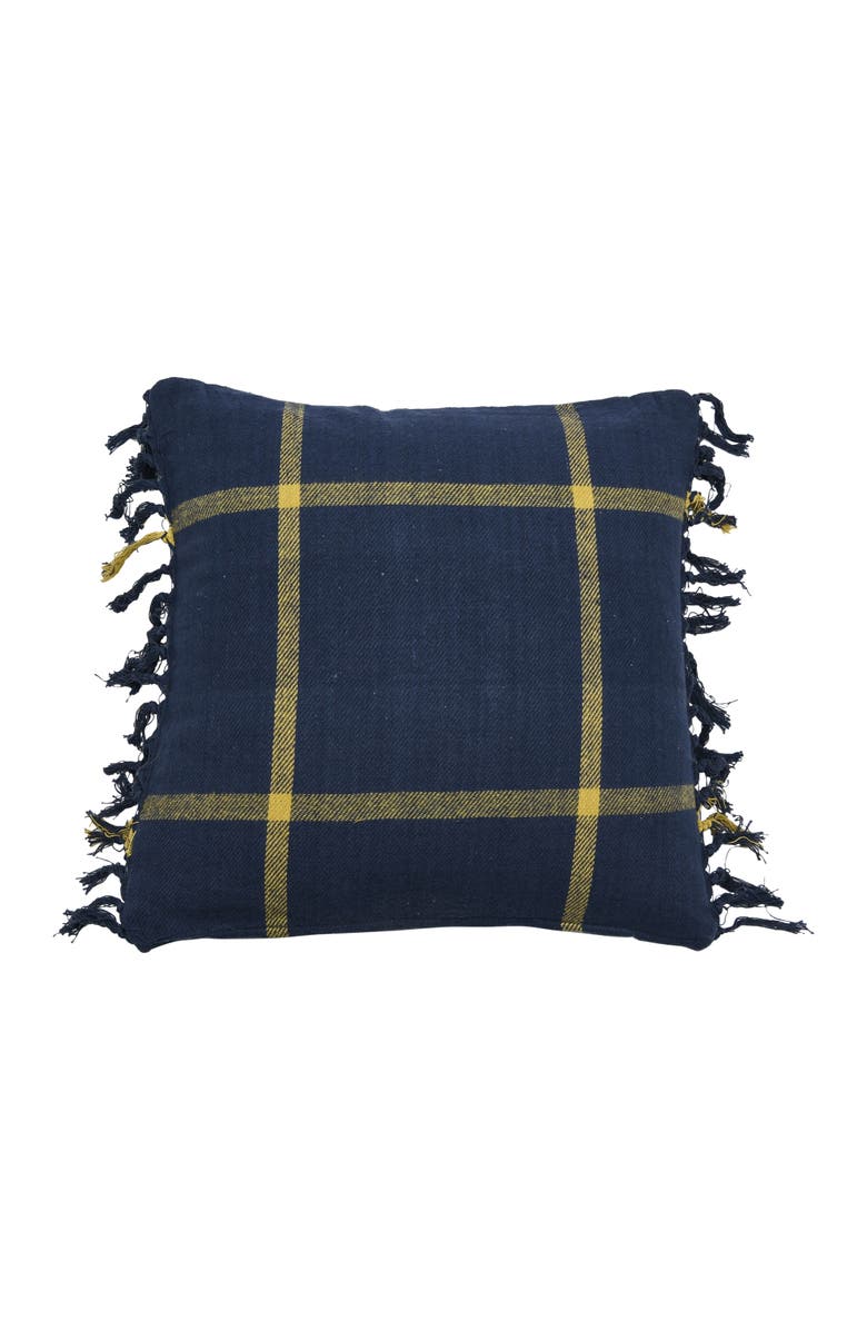 Storied Home Cotton Flannel Plaid Pillow with Fringe, Main, color, Blue