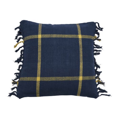 Storied Home Cotton Flannel Plaid Pillow With Fringe In Blue