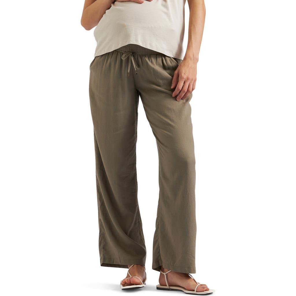 Ripe Maternity Indi Shirred Linen Blend Wide Leg Maternity Pants In Green