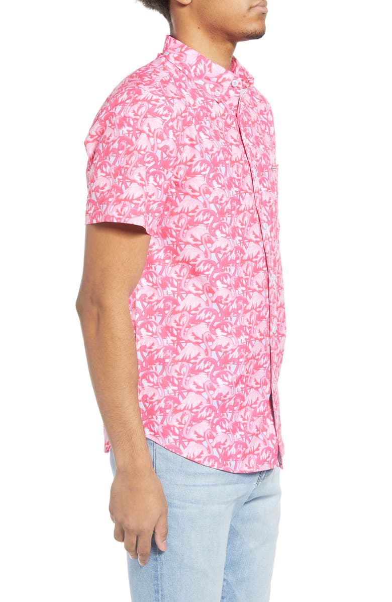 Vintage Summer Flamingos Water Repellent Short Sleeve Button-Down Shirt, Alternate, color, 