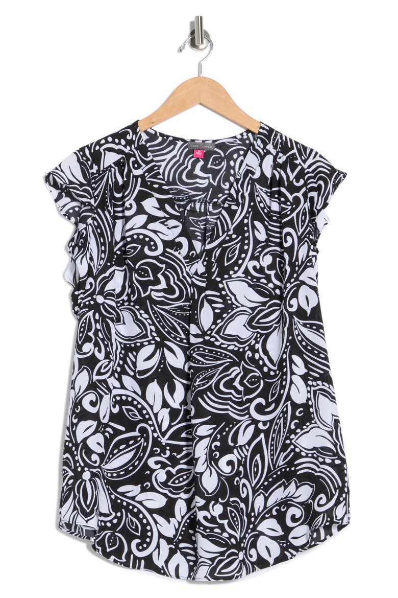 V-Neck Ruffle Sleeve Top, Alternate, color, BLACK/ WHITE