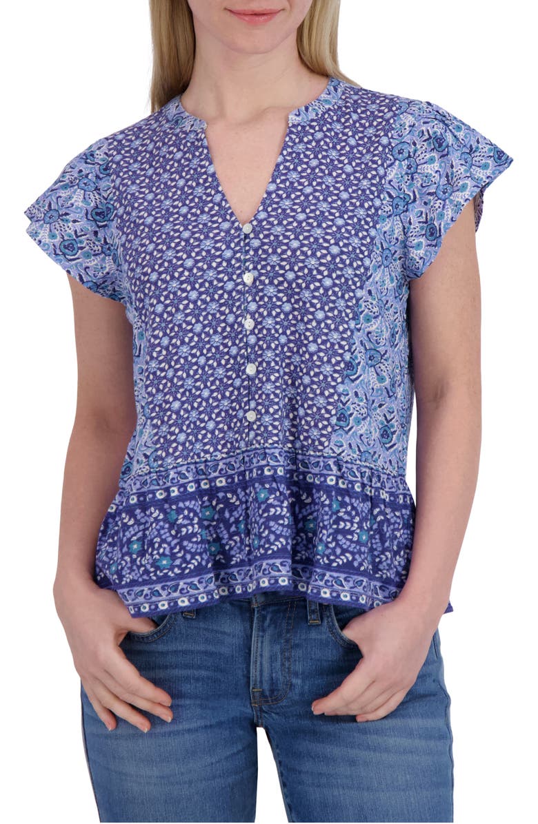 Lucky Brand Mix Print Flutter Sleeve Top, Main, color, Navy Combo