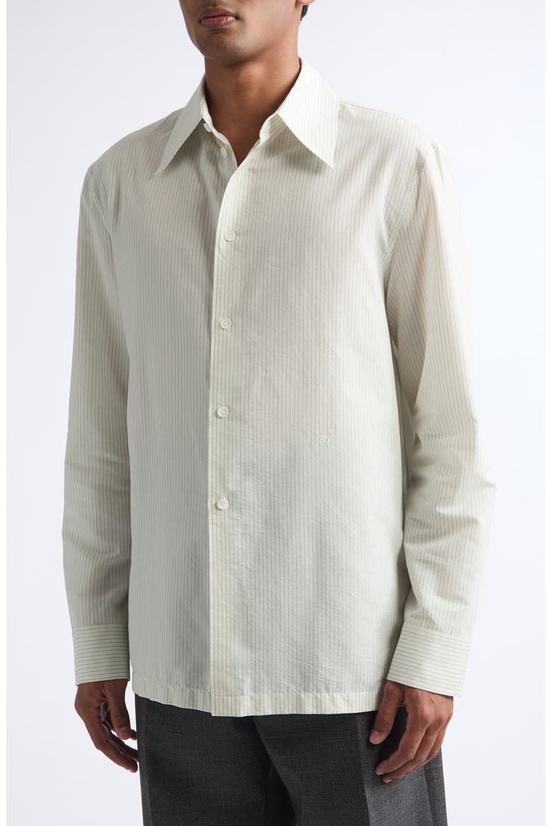 Pinstripe Cotton & Cupro Button-Up Shirt, Alternate, color, 9363 RICE/ MALACHITE