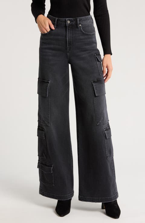 High Waist Wide Leg Cargo Jeans (Charcoal)
