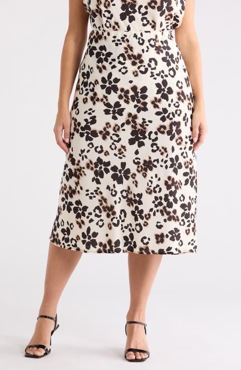 Floral Satin Midi Skirt (Plus)