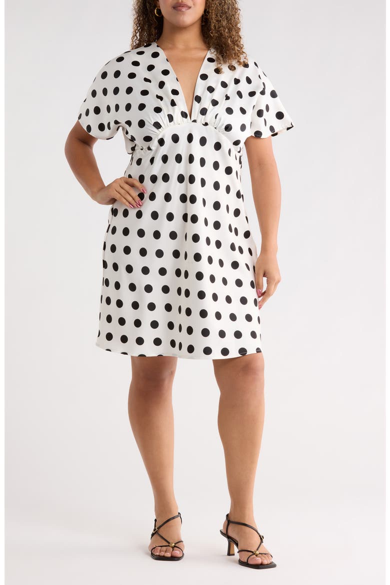 Deep V-Neck Polka Dot Dress, Main, color, WHITE