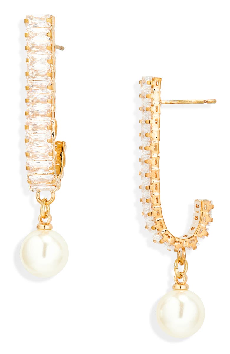 Tasha Baguette Crystal Imitation Pearl Drop Earrings, Main, color, Gold Cz Pearl