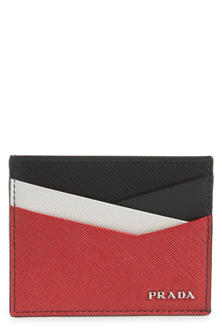 Saffiano Cross Leather Card Case, Main, color, NERO/ FUOCO