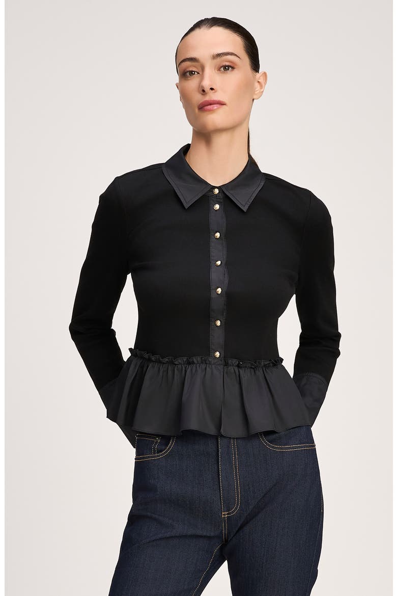 Salem Mixed Media Cotton Blend Peplum Top, Alternate, color, BLACK/ BLACK