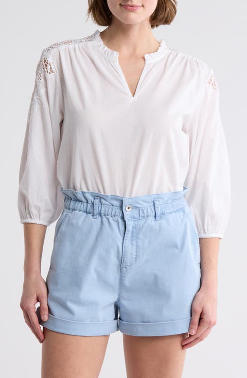 Eyelet Lace Balloon Sleeve Cotton Poplin Top