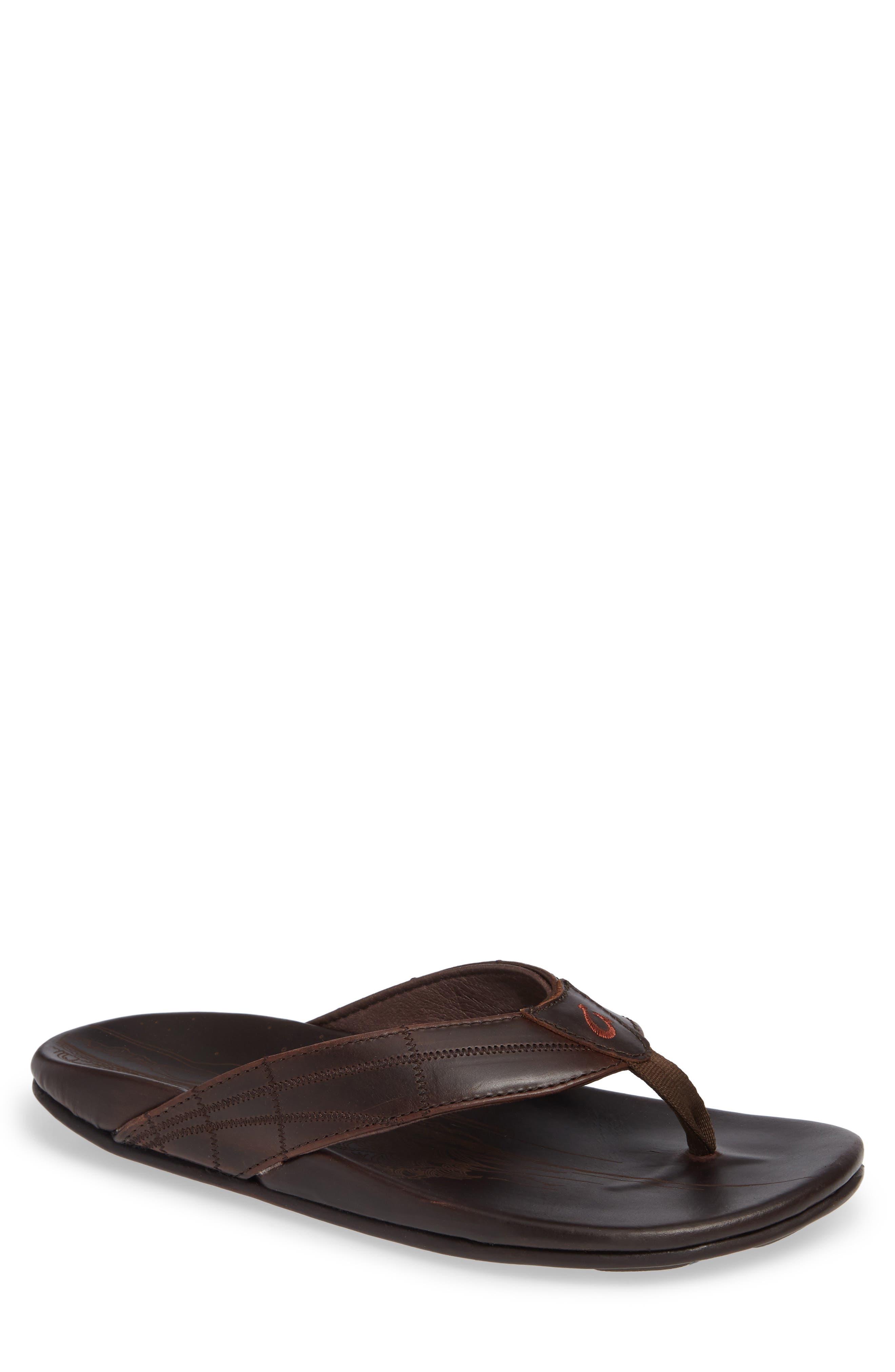 OluKai Hokule’a Kia Flip Flop, Main, color, Dark Wood Leather