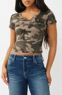 True Religion Rhinestone Logo Camo Print Crop T-Shirt