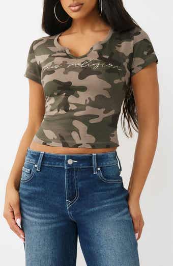 True Religion Rhinestone Logo Camo Print Crop T-Shirt