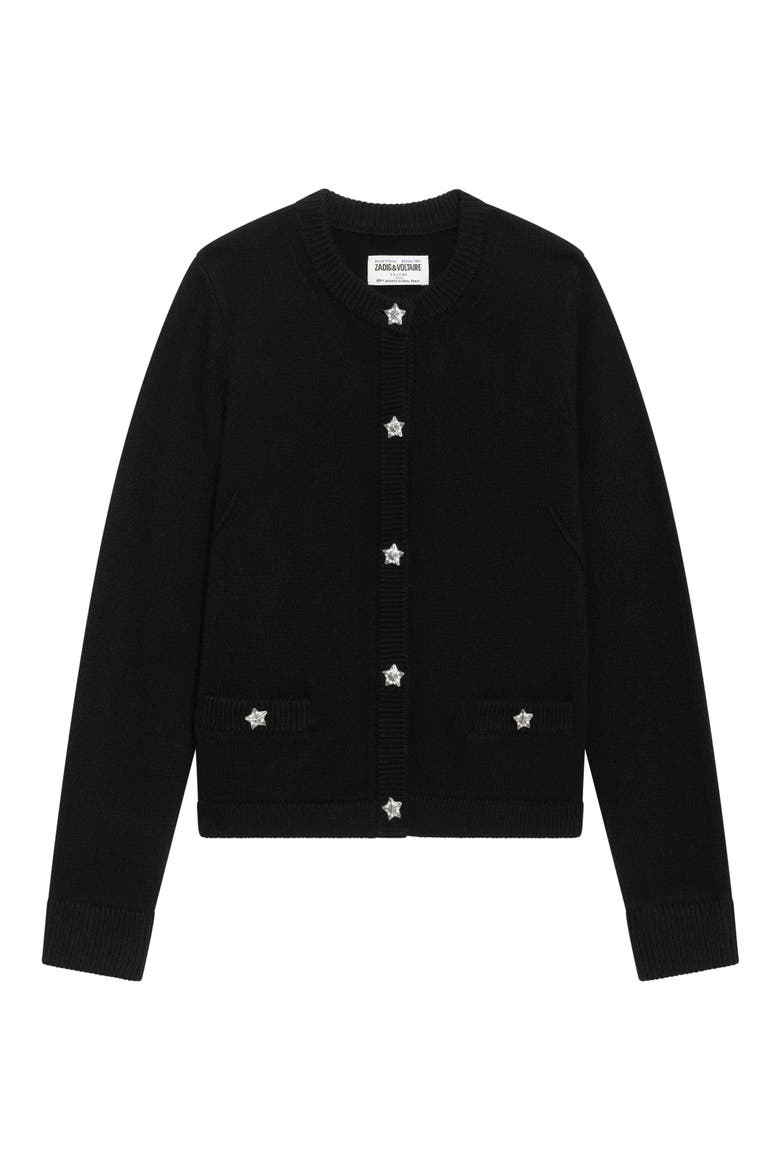 Marcya Crystal Star Button Cashmere Cardigan, Alternate, color, BLACK