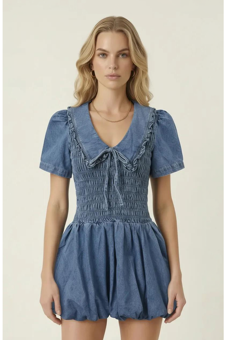 Smocked Ruffle Collar Mini Dress, Main, color, Medium Wash Blue
