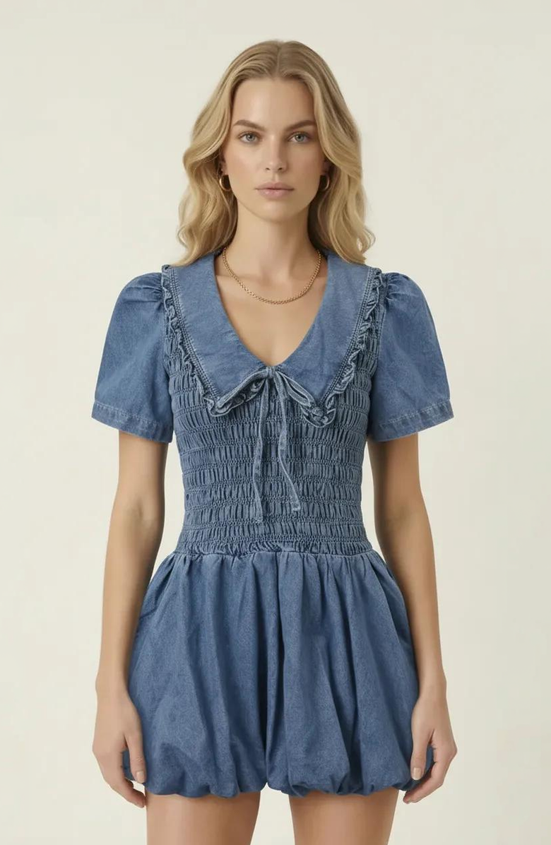 Modenaire Smocked Ruffle Collar Mini Dress, Main, color, Medium Wash Blue