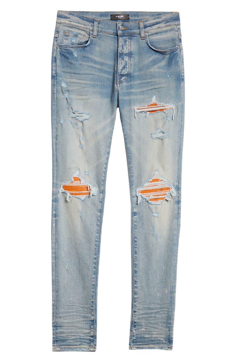 AMIRI MX1 Cracked Paint Leather Patch Ripped Skinny Jeans, Alternate, color, 