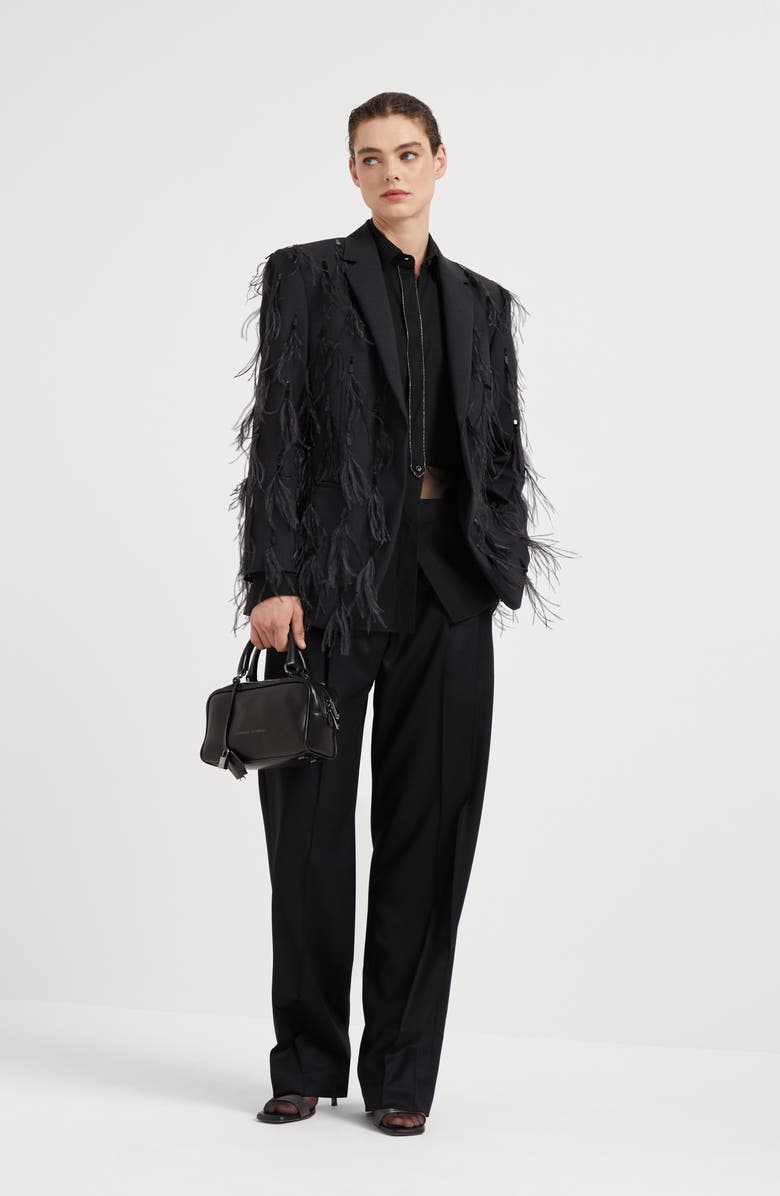 Brunello Cucinelli Tropical luxury wool blazer with dazzling feather embroidery, Alternate, color, 