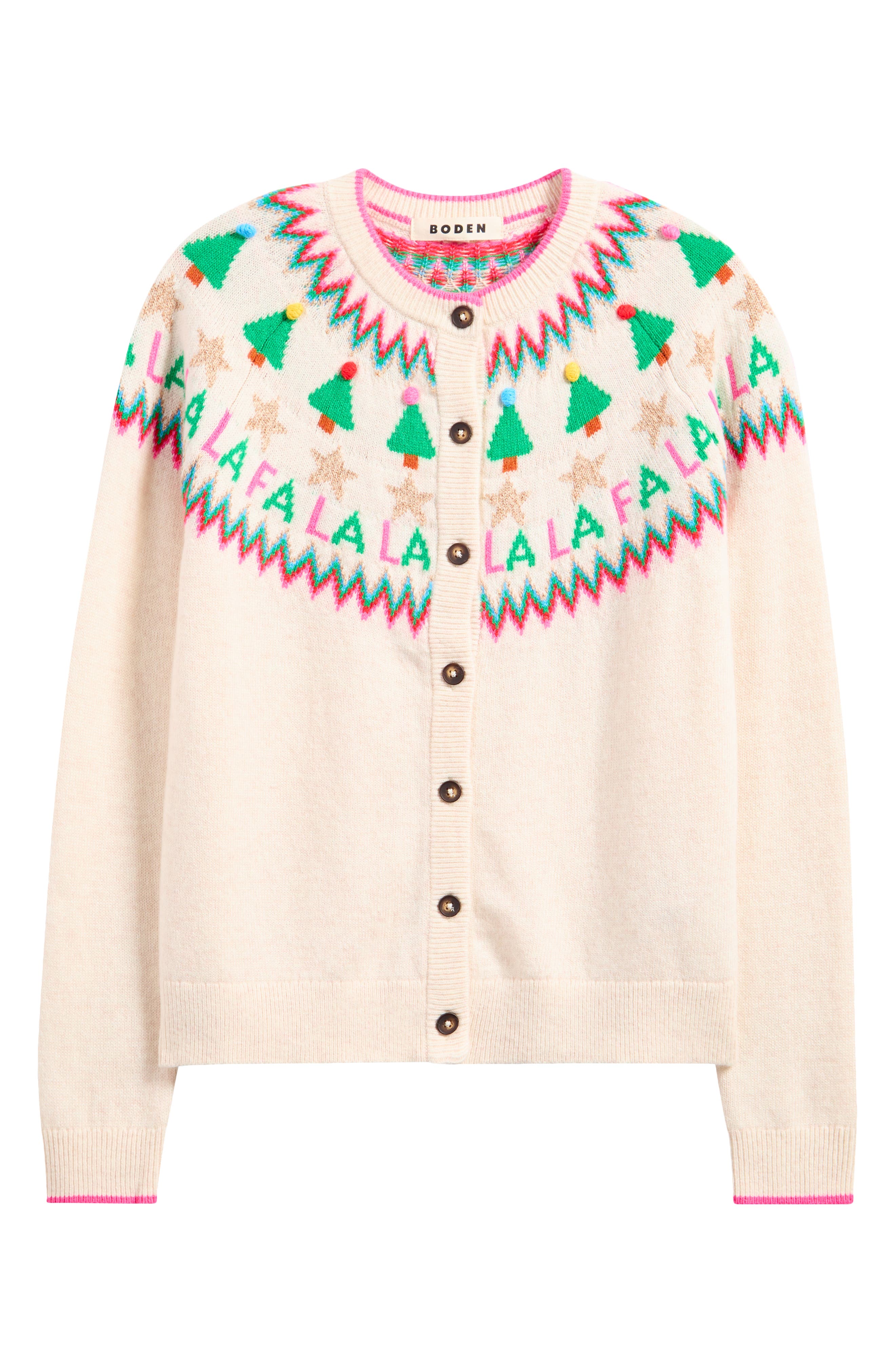 Boden Edie Holiday Fair Isle Cardigan in Ecru Marl Fa La La 