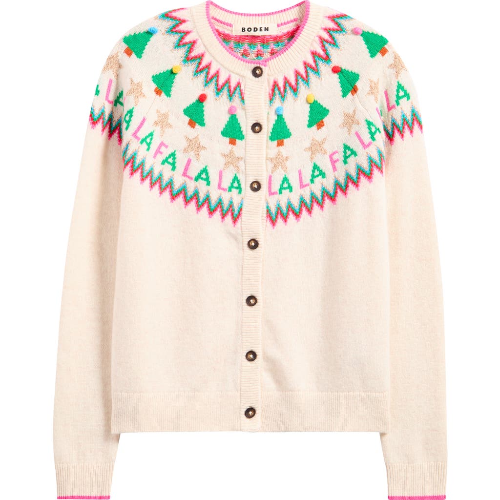 Boden Edie Holiday Fair Isle Cardigan in Ecru Marl Fa La La