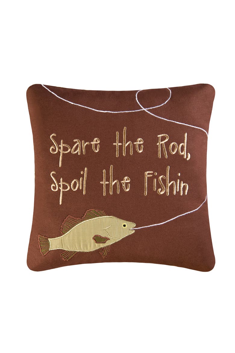 Spoil The Fishin Embroidered Accent Pillow, Main, color, Brown