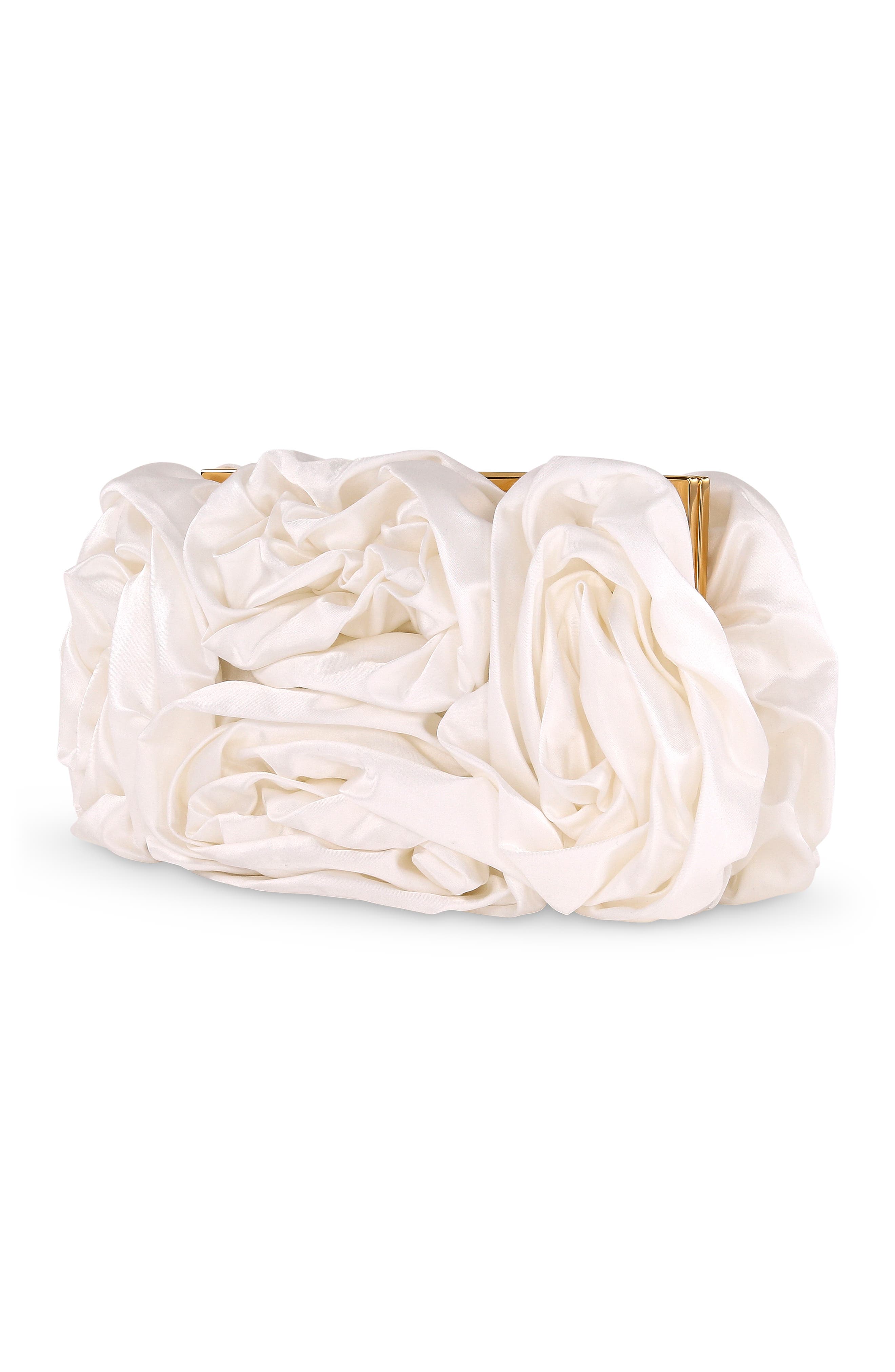 Jett Silk Satin Rosette Clutch, Alternate, color, Ivory