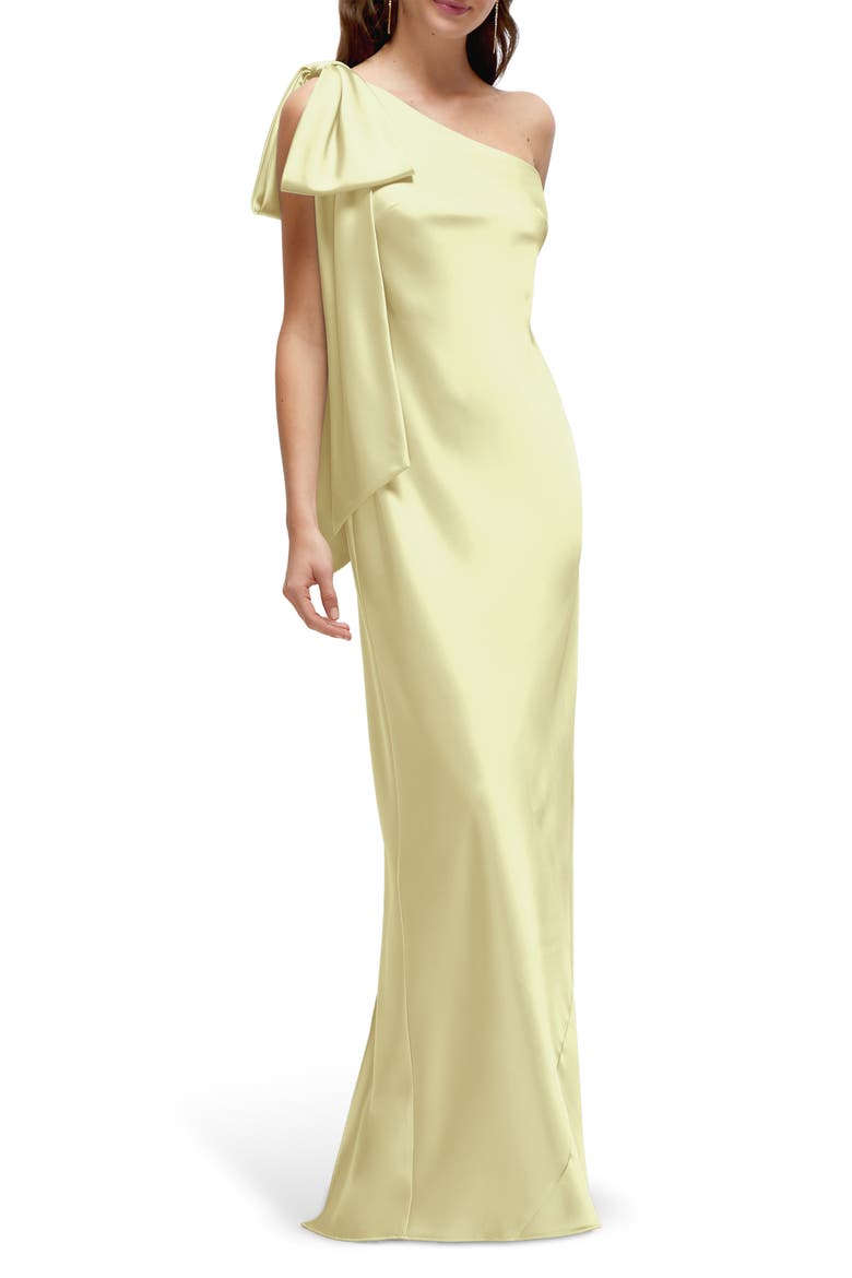 Bow Detail One-Shoulder Stretch Satin Charmeuse Gown, Main, color, BUTTER YELLOW