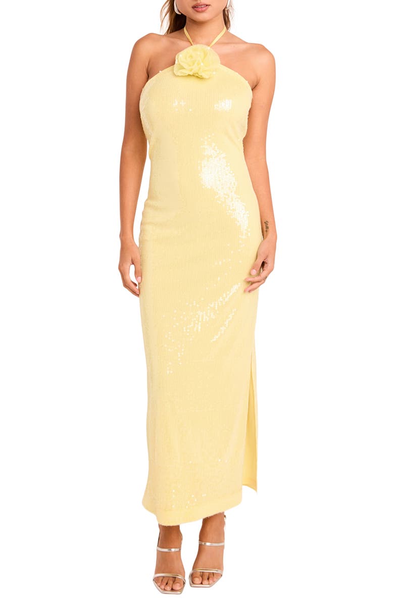 Endless Rose Rose Sequin Halter Maxi Dress, Main, color, Butter