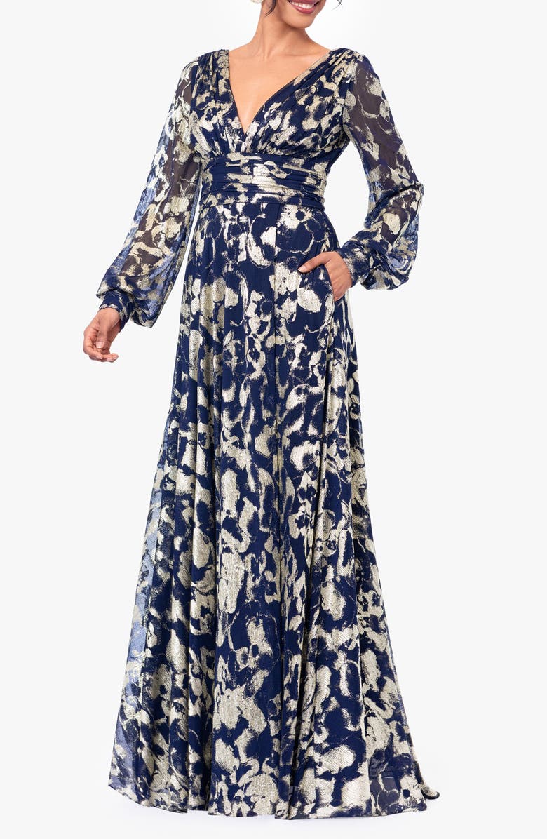 Betsy & Adam Floral Metallic Long Sleeve A-Line Gown, Alternate, color, Navy/ Gold