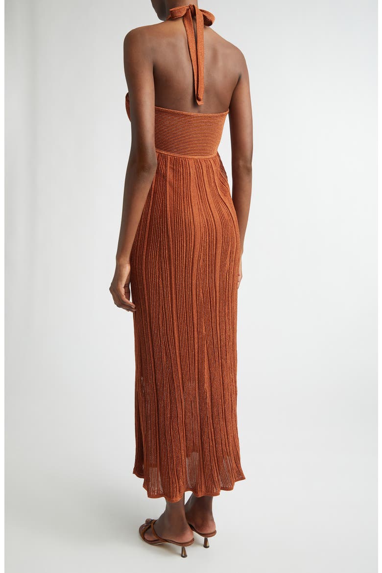 Indra Pleated Metallic Knit Halter Dress, Alternate, color, METALLIC TAN